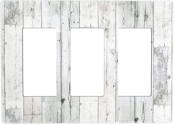 Grey White Wood 3 Gang Triple Rocker/Decor Light Switch Wall Plate Cover Decorative Electrical Faceplate for Kids Living Room Bedroom Decor Screwless 6.57" x 4.65