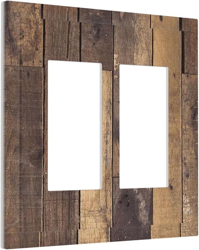 Cool Brown Wood Style Vintage Rustic Print Decorative Outlet Covers 2 Gang Double GFCI Rocker Electrical Wall Panels Light Switch Cover Plate for Farmhouse Home Decor