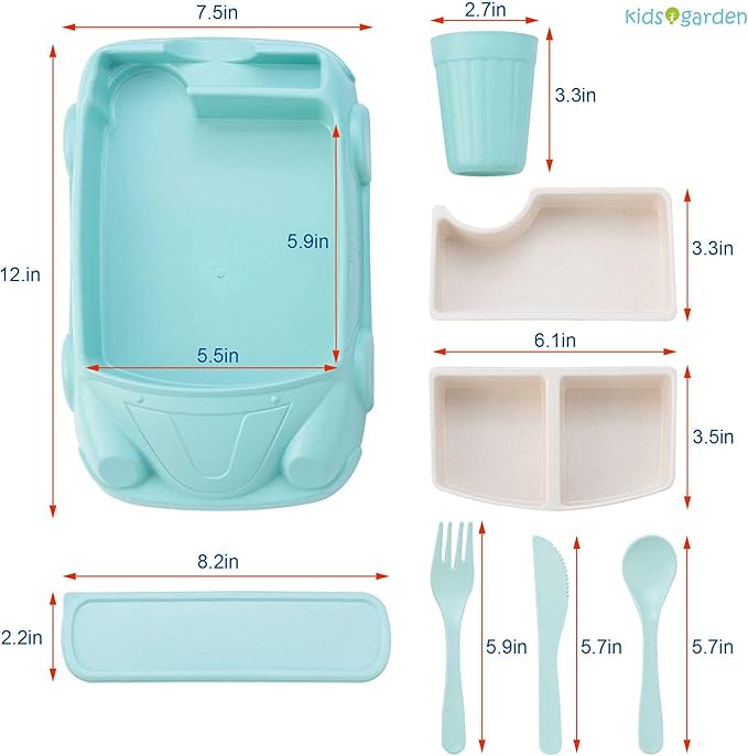 Kids garden Car Plate 8Pcs/Set Bamboo Children Dinnerware Sets - Dishwasher/Microwave Safe Includes Cutlery, Beautiful Plate, Separable Bowls & Cup Happy MealTime, Light Green, YK-001