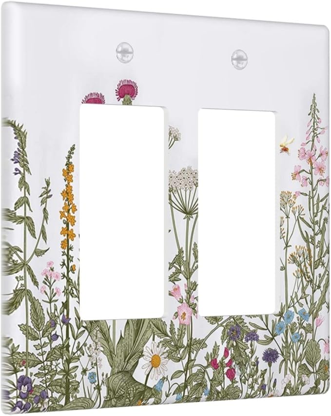 Rustic Wild Floral Vintage Teal Botanical Double Rocker Wall Plate Decorative 2 Gang Light Switch Cover Gfci Electrical Switchplate Home for Bathroom Bedroom Kitchen Decor 4.6"X4.5"