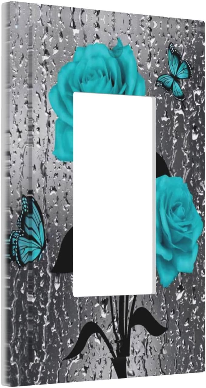 Romantic Aqua Teal Blue Raindrop Floral Rose Flower 1 Gang Single Decorator/Rocker Light Switch GFCI Wall Plate Women Lady Girl Lovely Electrical Device Receptacle Face Plug Outlet Cover for Dimmers