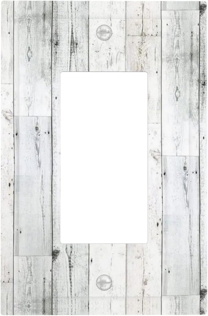 Grey White Wood 1 Gang Rocker/Decor Outlet Light Switch Wall Plate Cover Faceplate Decorative Faceplate for Bathroom Home Living Room Bedroom Decorate 5" x 3