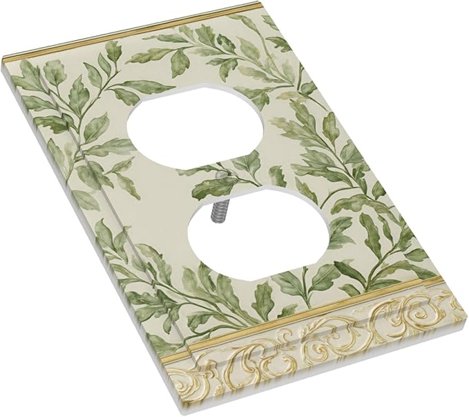 Soft Green Botanical Scroll Duplex Wall Plate - 1-Gang Standard US Size Regency Style Leafy Vine Design Outlet Covers for Bedroom Living Room Decor