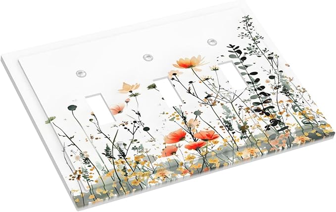 Vintage Country Style Watercolor Leaves Wildflowers Floral Decorative Switch Plates 3 Gang Wall Plate Triple Toggle Light Switch Cover Faceplate Electrical Wall Panels for Bedroom Living Room Decor