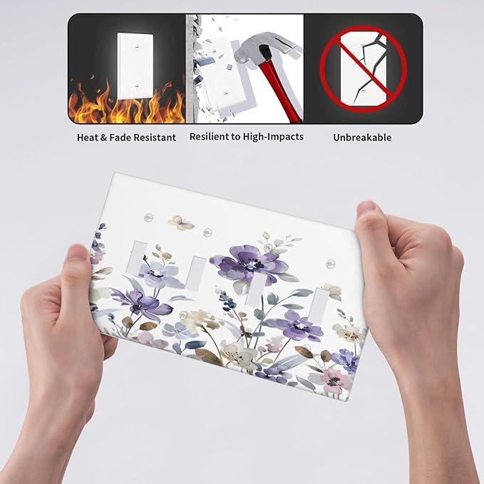 Purple Watercolor Flower Floral Butterfly Light Switch Covers Quad Toggle Electrical Faceplate 4 Gang Wall Plate Decorative Switch Plates Cover for Bedroom Living Room Decor