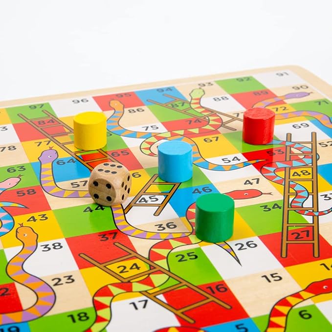 Bigjigs Toys Traditional Snakes and Ladders Game | 4 Player Wooden Board with Counters & Dice | Family Toy for Kids & Adults | Educational Tool for 3+ Year Old Children | Classic