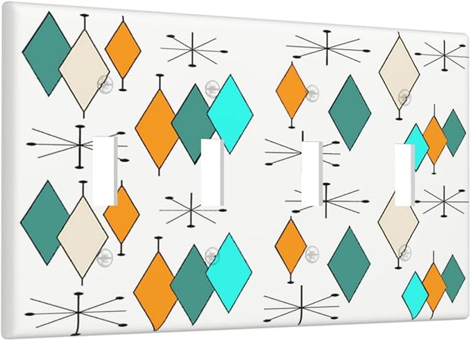 60S Retro Geometry Abstract Art Decorative 4-Gang Quad Toggle Light Switch Wall Plate Cover, Modern Minimalist Mid Century Boho Quadruple Toggle Device Switches Wall Plate Outlet Covers Standard Size