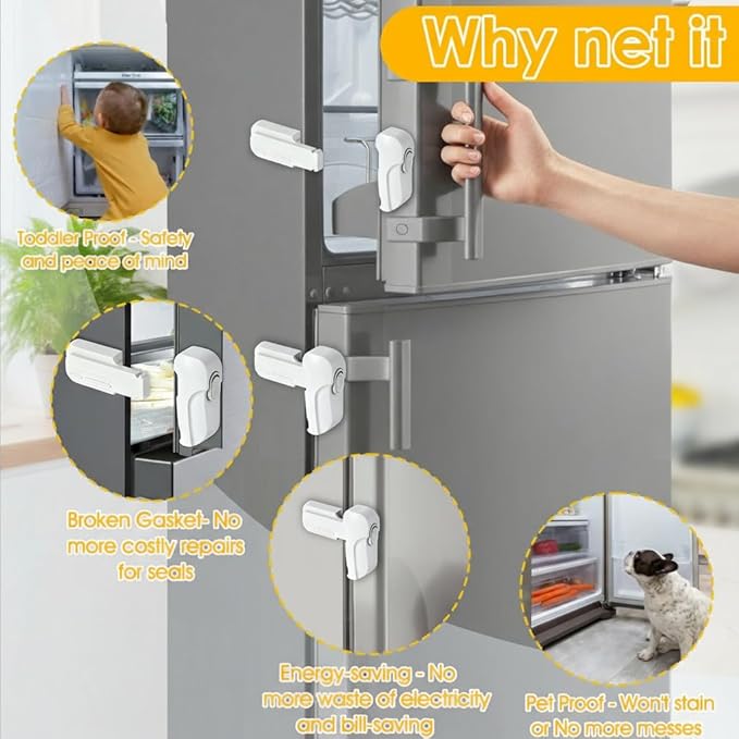 2-Pack Fridge Lock for Kids, Baby Proof Refrigerator Lock & Freezer Lock, Dual Mode Fridge Child Lock, Refrigerator Door Lock to Keep Freezer Door Closed, Toddler & Pet Safe (White)