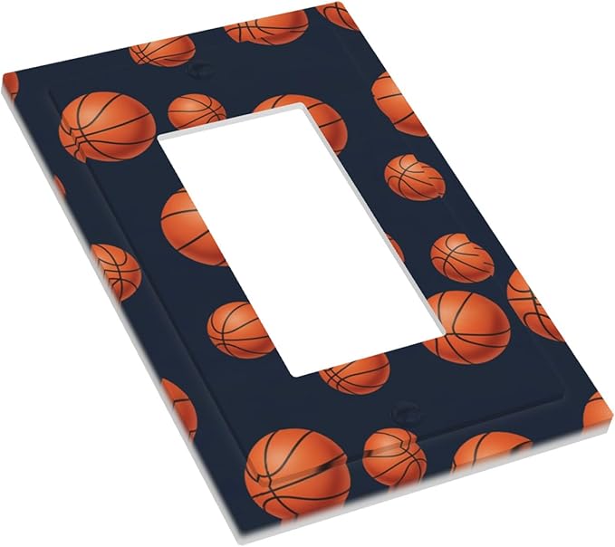 Basketball Single Rocker Switch Cover - 1-Gang Standard US Size Sports Design Navy Blue Light Switch Covers, Vintage Basketball for Boys Room