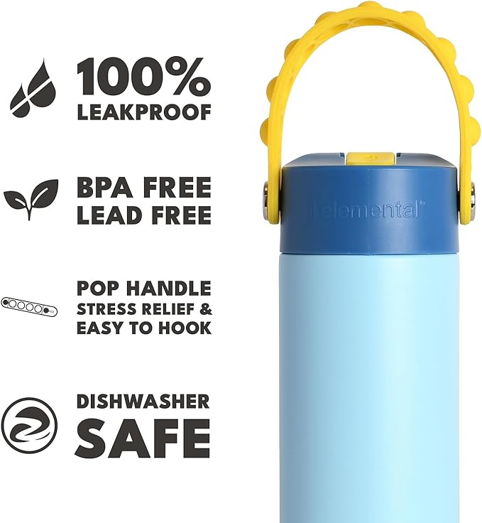 Elemental Insulated Kids Water Bottle, Stainless Steel Water Bottle with Straw Lid & Pop-It Handle, Leak-Proof Water Bottles for School, Boys or Girls, Travelling and Sports, 18oz - Sunny Sky