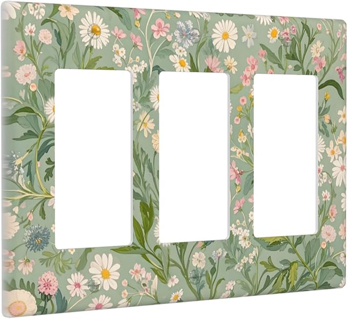 Decorative Light Switch Plate with Vintage Wildflowers & Daisies on Light Green Background Design 3 Gang Outlet Covers Triple Rocker Wall Plate Switch Plate Cover