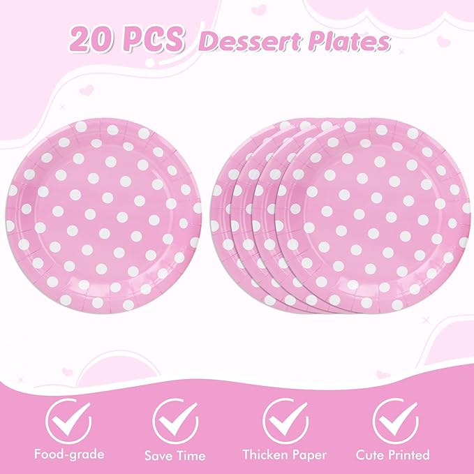 62Pcs Birthday Party Decorations with Dots Design, Pink Polka Dot Party Supplies Includes 20 9'' Plates, 20 7'' Plates, 20 Napkins and 2 Tablecloth for Birthday Minnie Mouse Theme Party Decorations