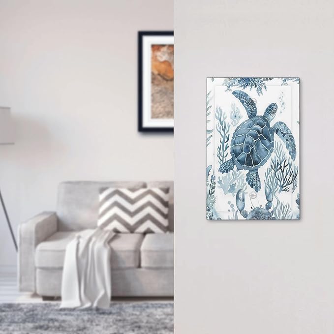 Blue Sea Turtle Coastal Coral Beach Crab Seaweed Light Switch Cover Plate 1 Gang No Device Blank Electrical Wall Plates Faceplate Decorative Switch Plate for Kids Room Bathroom Decor
