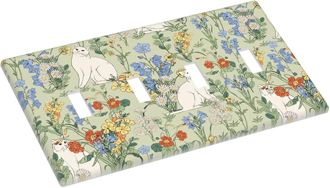 Light Switch Covers Vintage Floral Cute Cat Colorful Flowers Quad Toggle Electrical Faceplate 4 Gang Wall Plate Decorative Switch Plates For Bed Room Living Room Decor