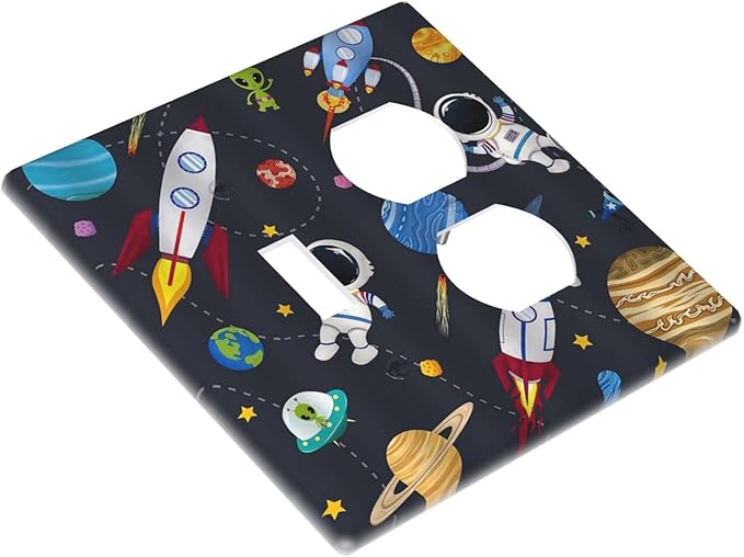 Outlet Covers Tropical Plant Green Palmrocket Planets Astronaut Blue Decorative 2 Gang Combin 1 Toggle/1 Duplex Light Switch Cover Gfci Wall Plate Electrical Receptacle Switchplate Decor