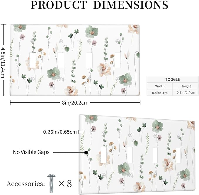Light Switch Covers Watercolor Floral Botanical Flowers Quad Toggle Electrical Faceplate 4 Gang Wall Plate Decorative Switch Plates For Living Room Bed Room Decor
