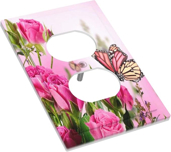Pink Rose Romance Flowers Green Leaves Spring Scenic 1 Gang Outlet Covers Duplex Receptacle Wall Plate Decorate Electrical Faceplate Switchplates Flower Butterfly Ladies Valentine's Day Bathroom Decor