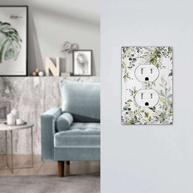 Eucalyptus Sage Green Leaf Plant Floral Outlet Covers 1 Gang Duplex Light Switch Cover Decorative Switch Plates Electrical Receptacle Faceplate Wall Plate for Bedroom Living Room Decor
