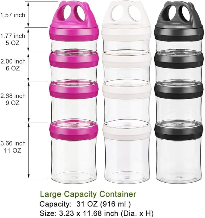 BeneLabel Stackable Food Storage Containers with Twist Lock System - BPA-Free Tritan Containers for Travel, Formula, Protein Powder, Snacks - Leakproof & Dishwasher Safe (Red&Blue&Black, 31oz per)