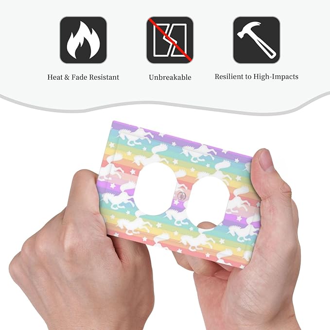 1 Gang Single Duplex Receptacle Outlet Cover Funny Kids Girl Cute Colorful Rainbow Unicorn Purple Pink Yellow Blue Electrical Wall Plate One Gang Dual Device Light Switch Faceplate Socket Plug Cover