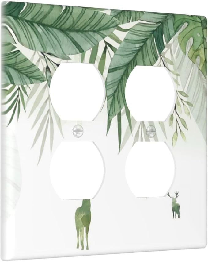 Deer Banana Leaves Palm Trees Green Plants Outlet Covers 2 Gang Double Duplex Decorative Light Switch Covers Electrical Wallplates Socket Faceplate for Bed Room Living Room Decor