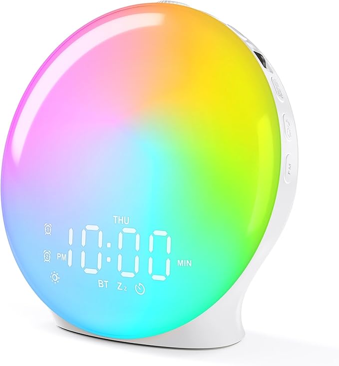 Wake Up Light Sunrise Alarm Clock for Bedroom, 17 Nightlights, Sound Machine with 5W Bluetooth Speaker, 25 Soothing Sounds, SleepTimer, Dual Alarms, FM Radio, Ideal Gift for Baby, Kids, Adults, Senior