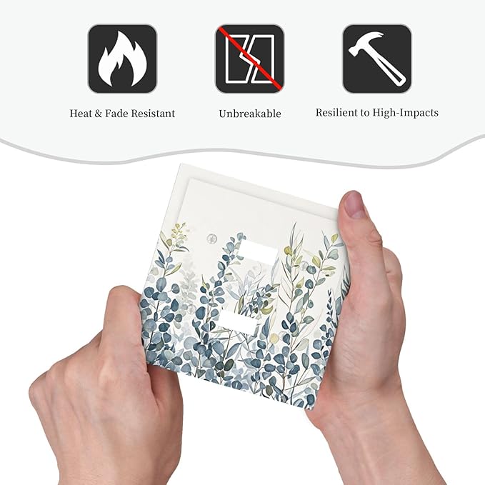 Decorative Switch Plate Cover with Green & Blue Watercolor Eucalyptus Botanical Foliage Design 2 Gang Wall Plate Unique Double Toggle Double Light Switch Covers for Contemporary Living Room
