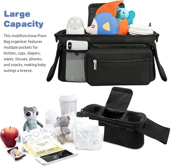 Baby Stroller Organizer, Universal Stroller Organizer with Detachable Phone Bag, Stroller Caddy with 2 Insulated Cup Holders, Buggy Organizer Bag with 2 Hooks Fits Most Strollers (Balck)