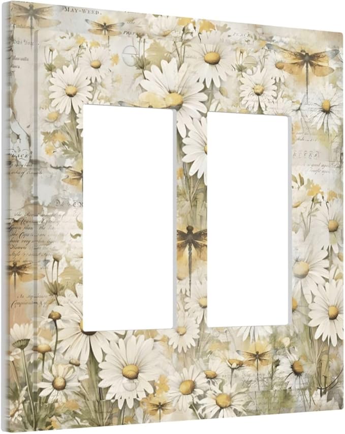 Vintage Letter Paper Wildflowers Dragonfly Daisy Floral Decorative Outlet Covers 2 Gang Double GFCI Rocker Electrical Wall Panels Light Switch Cover Plate for Farmhouse Bedroom Decor