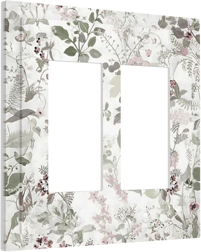 Boho Floral Leaf Vintage Watercolor Flower Decorative Outlet Covers 2 Gang Double GFCI Rocker Electrical Wall Panels Light Switch Cover Plate for Farmhouse Bedroom Decor
