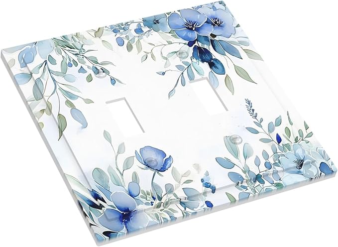 Watercolor Blue Flower Plant Floral Green Leaves Decorative Switch Plates 2 Gang Double Toggle Outlet Light Switch Cover Wall Plate Electrical Faceplate for Bedroom Living Room Decor