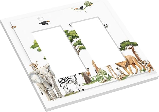 Large Animals Elephant Giraffe Jungle Lion Leopard Zebra Decorative Outlet Covers 2 Gang Double GFCI Rocker Electrical Wall Panels Light Switch Cover Plate for Kids Room Nursery Decor