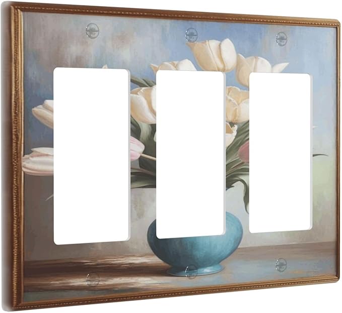 Decorative Art Light Switch Covers Tulips In Vase 3 Gang Triple Rocker Outlet Switch plate GFCI Faceplate GFCI for Home Decor