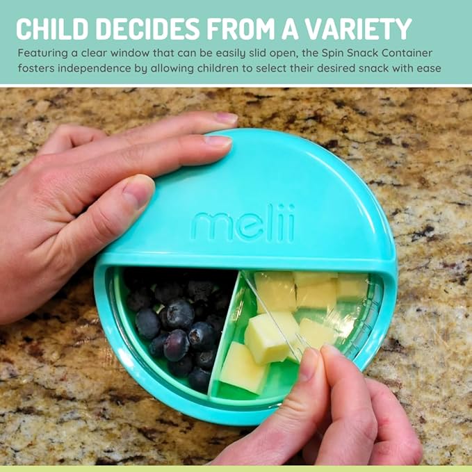 melii Spin Snack Container | 3-Compartment Rotating Snack Box with Sliding Window, BPA-Free, Dishwasher Safe, Portable Snack Container for Kids Ages 3+ (Blue)