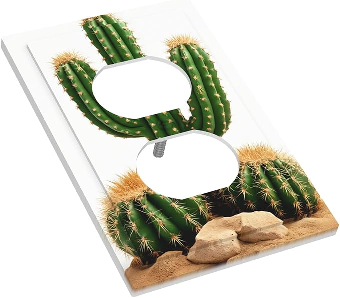 Boho Cactus Garden Duplex Wall Plate - 1-Gang Standard US Size Minimalist Desert Landscape Design Outlet Covers for Bedroom Bathroom Living Room Decor