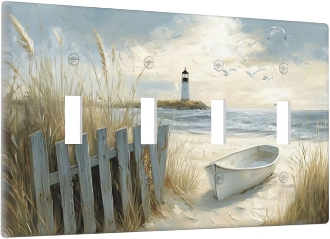 Sea Beach Quad Toggle Light Switch Cover Old Ship Reed Lighthouse Seascape 4 Gang Wall Plate Decorative Electrical Switchplates Covers for Country Bathroom Bedroom Living Room Decor
