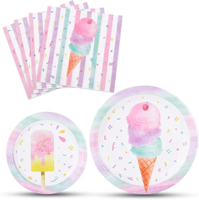 WERNNSAI Ice Cream Plates and Napkins - Ice Cream and Popsicle Theme Party Supplies for Girls Birthday Disposable Tableware Dessert Plates Luncheon Napkins Serves 16 Guests 48PCS