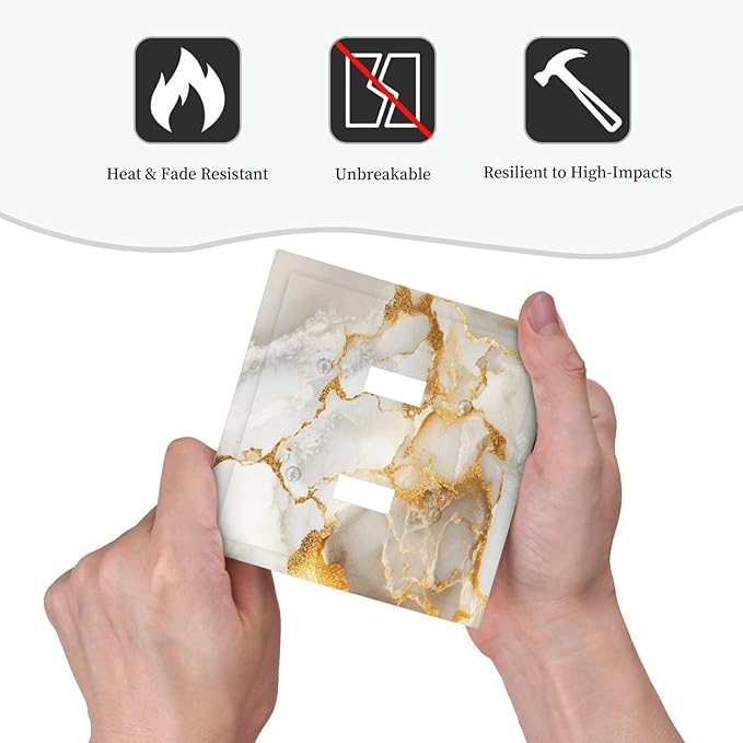 Gold Marble Crack Simple Abstract Print Decorative Switch Plates 2 Gang Double Toggle Outlet Light Switch Cover Wall Plate Electrical Faceplate for Bathroom Kitchen Home Decor