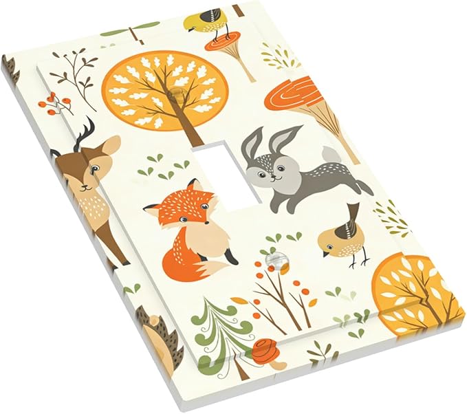 Cute Woodland Animals 1-Gang Toggle Light Switch Plate, Forest Trees Mushrooms and Berries Decorative Wall Plate for Boys & Girls Bedroom