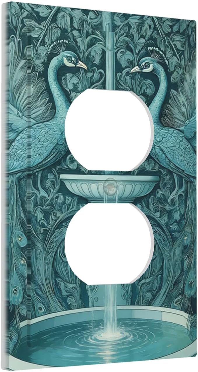 Art Nouveau Peacocks & Fountain in Teal Garden Duplex Wall Plate - 1-Gang Standard US Size Elegant Garden Escape Outlet Covers for Living Room Decor