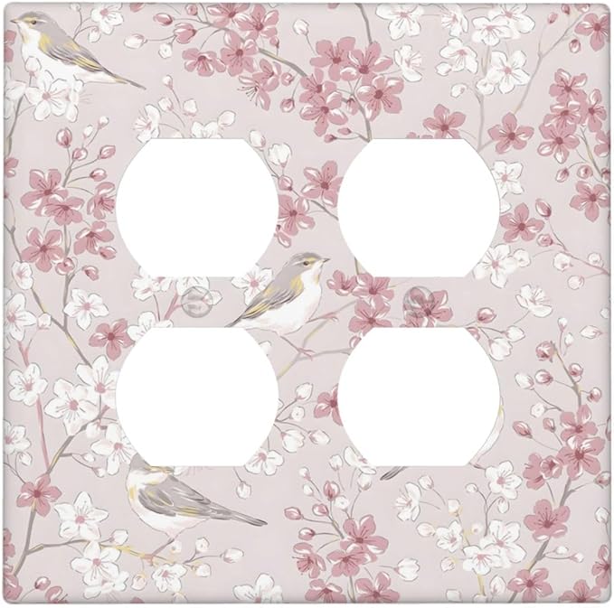 Pink Sakura Cherry Blossom Vintage Bird Floral Flower Outlet Covers 2 Gang Double Duplex Decorative Light Switch Covers Electrical Wallplates Socket Faceplate for Bedroom Living Room Decor