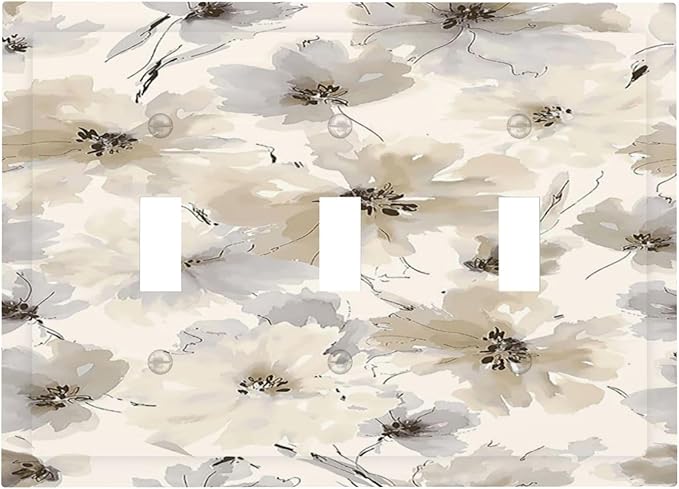 Decorative Light Switch Cover Plate Beige Flower Watercolor Flower 3 Gang Wall Plate Triple Toggle Switch Plate Covers Electrical Outlet Cover for Bedroom Home Decor