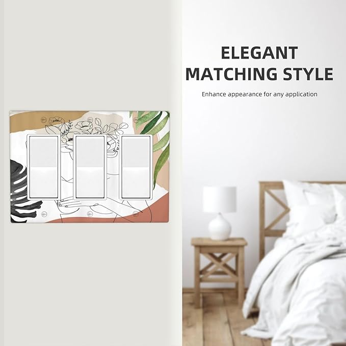 Mid Century Abstract Women Lady Boho Palm Leaf 3 Gang Rocker Light Switch Covers Decorative Unique Triple Outlet Wall Plate Cover Faceplate Decorative Switchplate GFCI for Bedroom Bathroom Decor