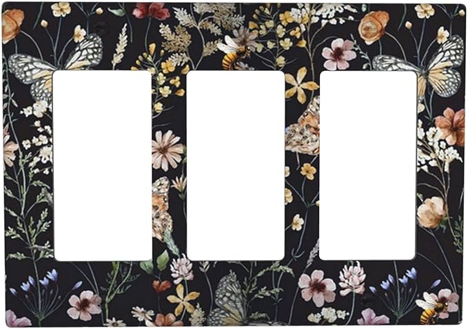 Vintage Flower Leaves Triple Rocker Wall Plates Butterfly Light Switch Plate Covers Decorative Dark Backgrounds GFCI Lightswitch Faceplate Cute Bees Dimmer Decor for Bedroom Kitchen Bathroom