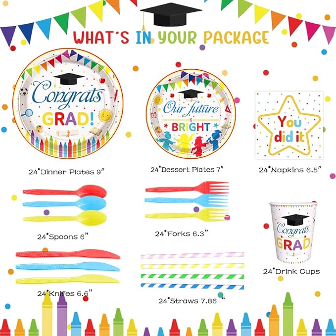 AIBIIN 192 Pcs Kindergarten Graduation Party Decorations 2026 Preschool Graduation Party Supplies Congrats Grad Disposable Tableware Set with Plates Napkins Cups Serves 24 Guests