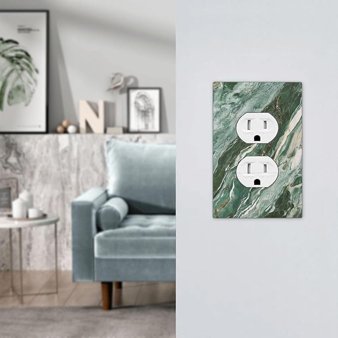 Decorative Outlet Covers with Modern Luxury Green Marble Texture Design 1 Gang Duplex Light Switch Cover Plate Unique Wall Plates Switchplate Cover for Kitchen Bathroom Decor