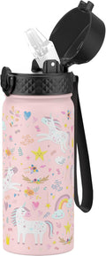 GOPPUS Kids Water Bottle (Straw Lid) - 18 Oz Stainless Steel Travel Bottle, Double Wall Vacuum Leak Proof Kids Cup for School Boys Girls,Unicorn Fields