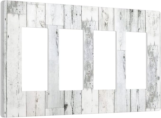 Grey White Wood 4 Gang Quad Rocker/Decor Light Switch Cover Plate Decorative Electrical Faceplate for Bathroom Room Decorate Jumbo Size Screwless 8.3" x 4.6