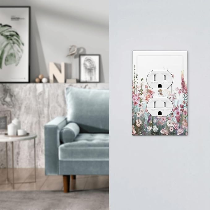 Colorful Flowers Pink Floral Watercolor Plant Outlet Covers 1 Gang Duplex Light Switch Cover Decorative Switch Plates Electrical Receptacle Faceplate Wall Plate for Bed Room Living Room Decor