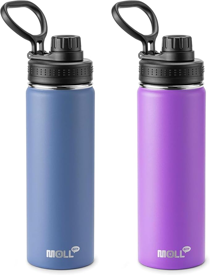 2 Pack Water Bottle - 22 oz Stainless Steel Double Wall Vacuum Insulated Wide Mouth Sports Water Bottle Flask with Leakproof Spout Lid (Royal Blue-Purple)